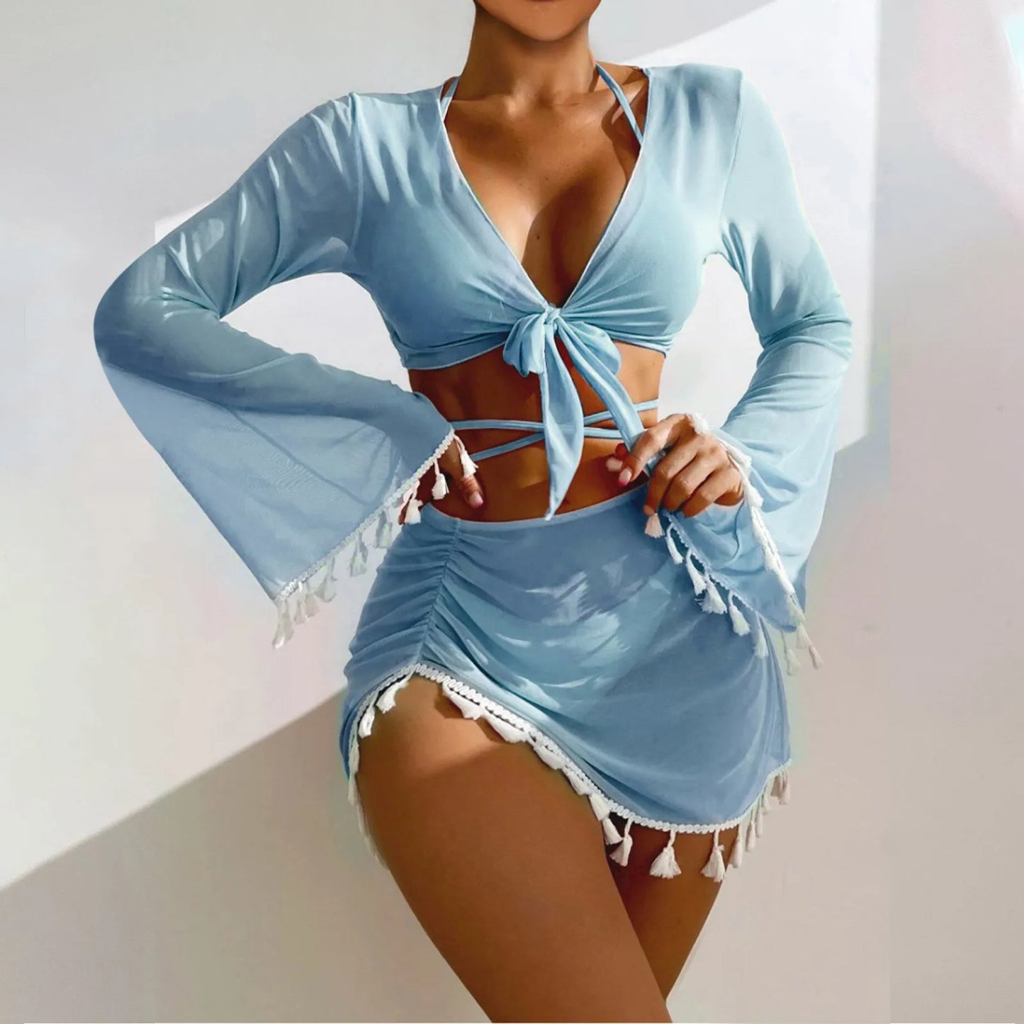 Solid Color Sexy Fashion Slim Fitting Beach Swimwear For Lady Split Lightweight Strap High Waist Pleated Cover-up Four-Piece Set