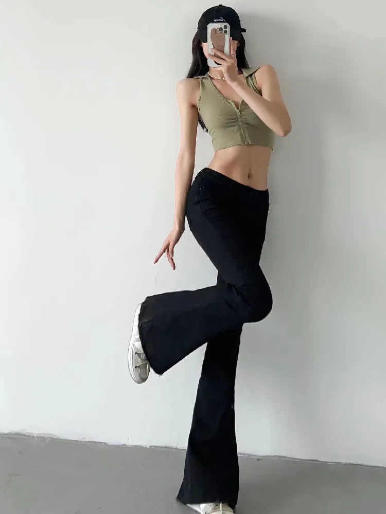 2022 Spring Autumn Sexy Low Waist Floor Length Burr Cuff Flare Jeans Women Vintage Stretch Denim Pants Streetwear Long Trousers