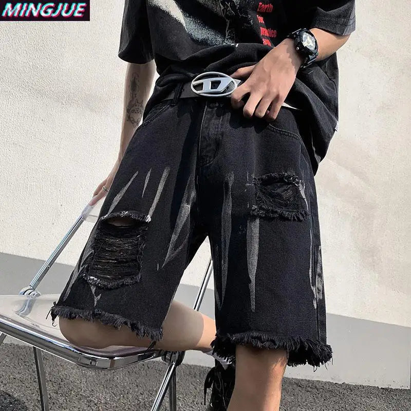 Tie-dye Furnished Denim Shorts Men's Ripped High Street Design Over-the-knee Five-point Pants