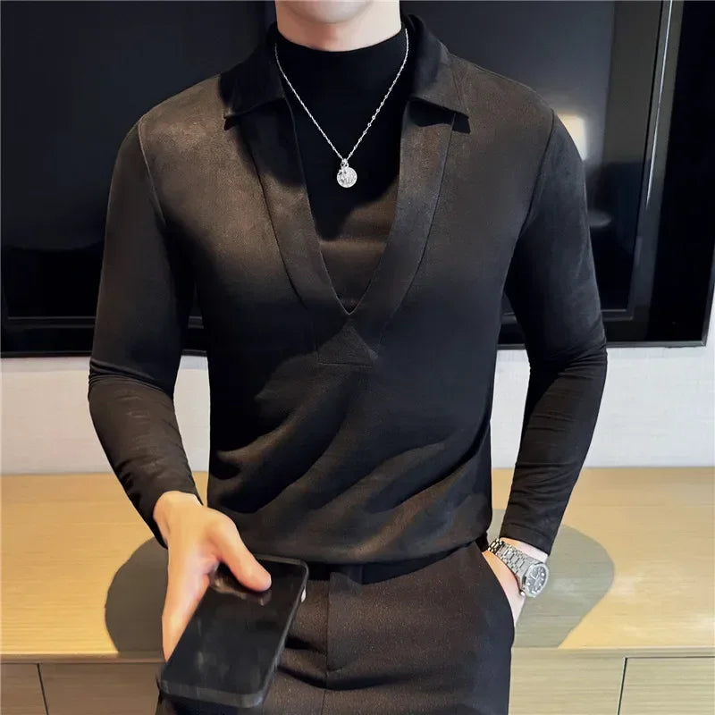 Men Fake Two-piece T-shirt Pullover 2024 British Style Autumn Winter Woolen Warm Thick Turtleneck T-shirt Fashion Men Clothing