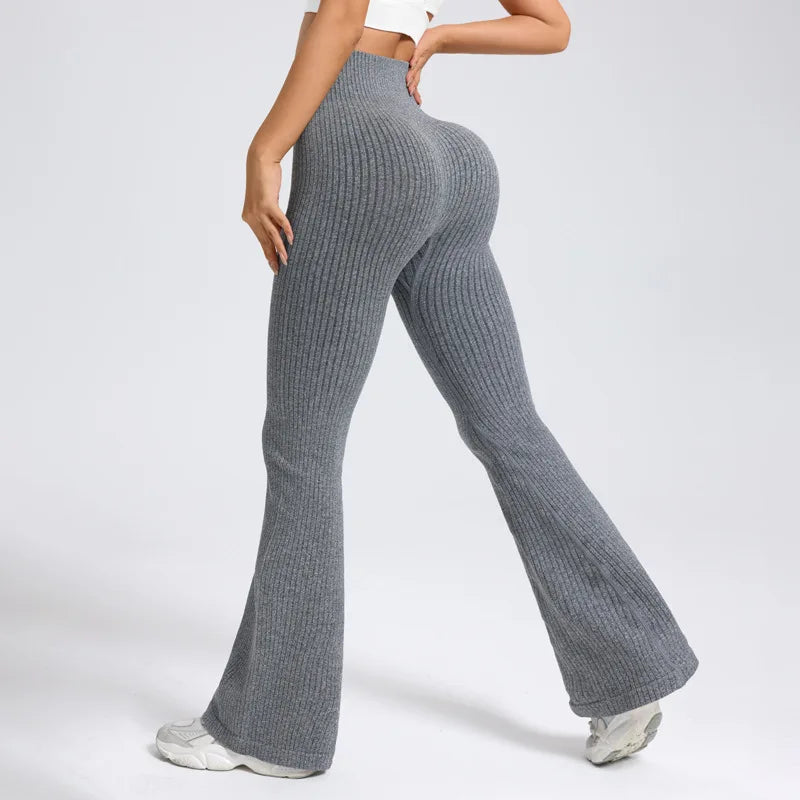 Seamless High Waist Yoga Flared Pants Textured Ribbed Design Tummy Control Fitness Workout Stretchy Bootcut Leggings Comfort
