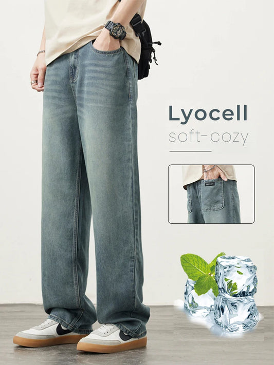 Lyocell Spring Summer New Straight Jeans Men's Fashion Vintage Y2k Pants Streetwear Male Loose Casual Male Wide  Denim Trousers