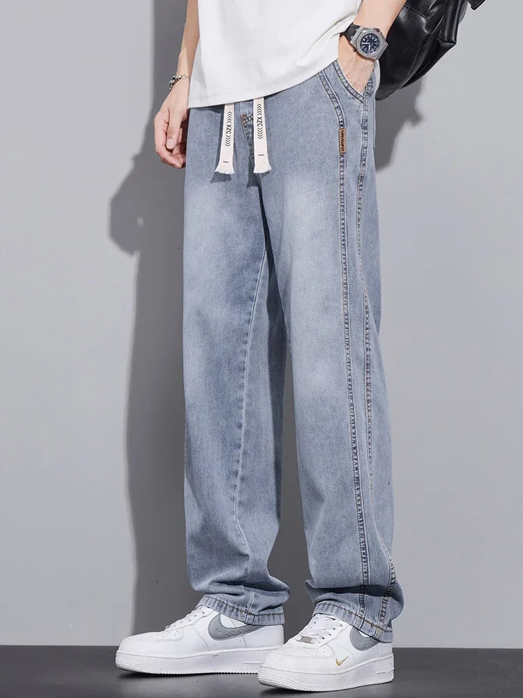 Pop Drawstring Summer Jeans Men's Lyocell Soft Quality Pants Stretch Waist Straight Casual Baggy Denim Trousers Streetwear