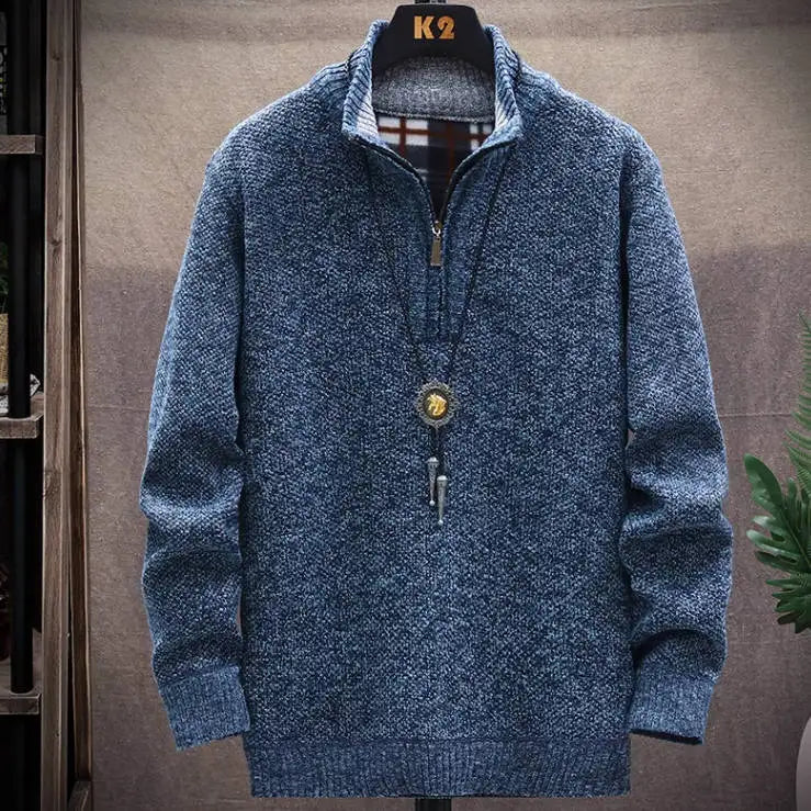 New Fleece Men's Large Size Half Turtleneck Sweater Men's Zipper Knit Sweater Slim Fit Casual Pullover Fall Winter Men