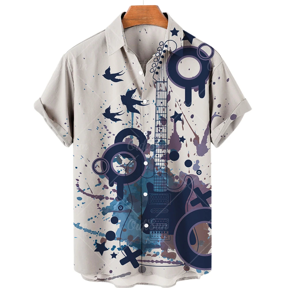 Men's Hawaiian Shirts For Men Casual Musical Instruments 3D Printed Shirts Loose Short-sleeve Beach Blouses Tops Camicias homme