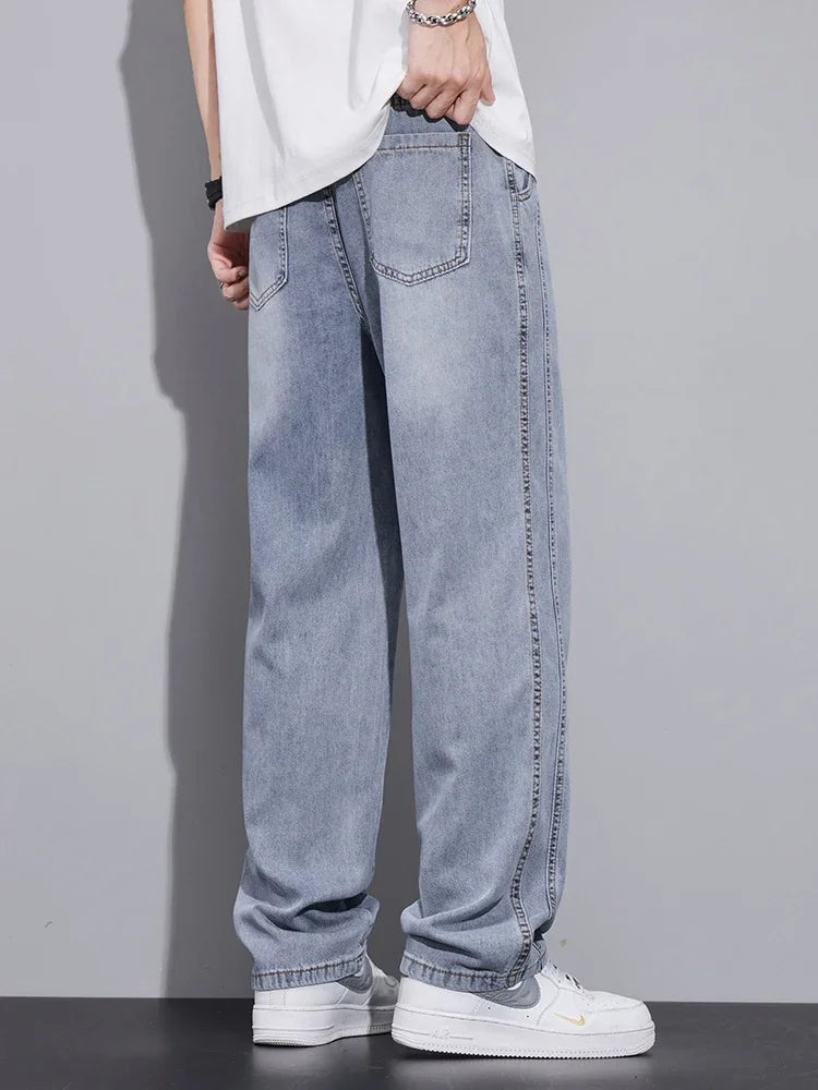 Pop Drawstring Summer Jeans Men's Lyocell Soft Quality Pants Stretch Waist Straight Casual Baggy Denim Trousers Streetwear