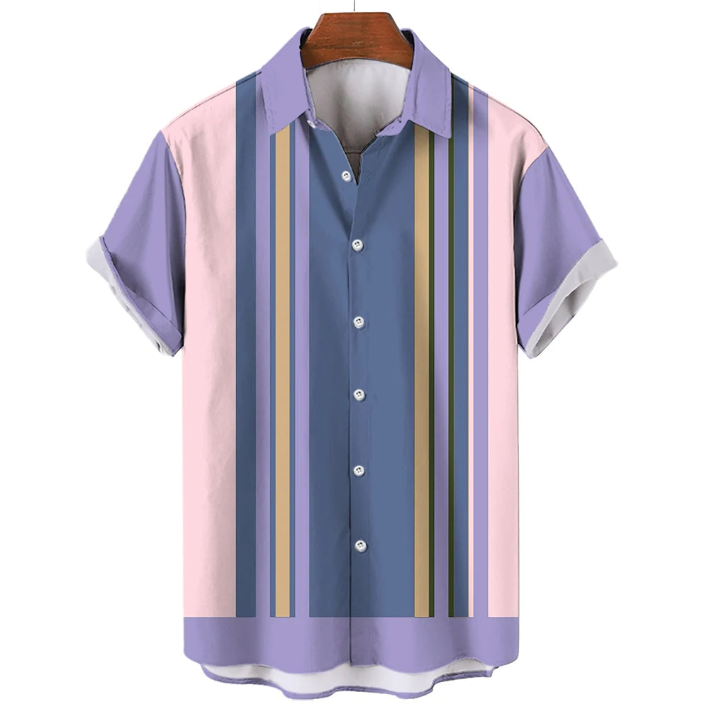 Fashion Men Striped Button Shirt Summer Oversized Short Sleeve Business Casual Streetwear Male
