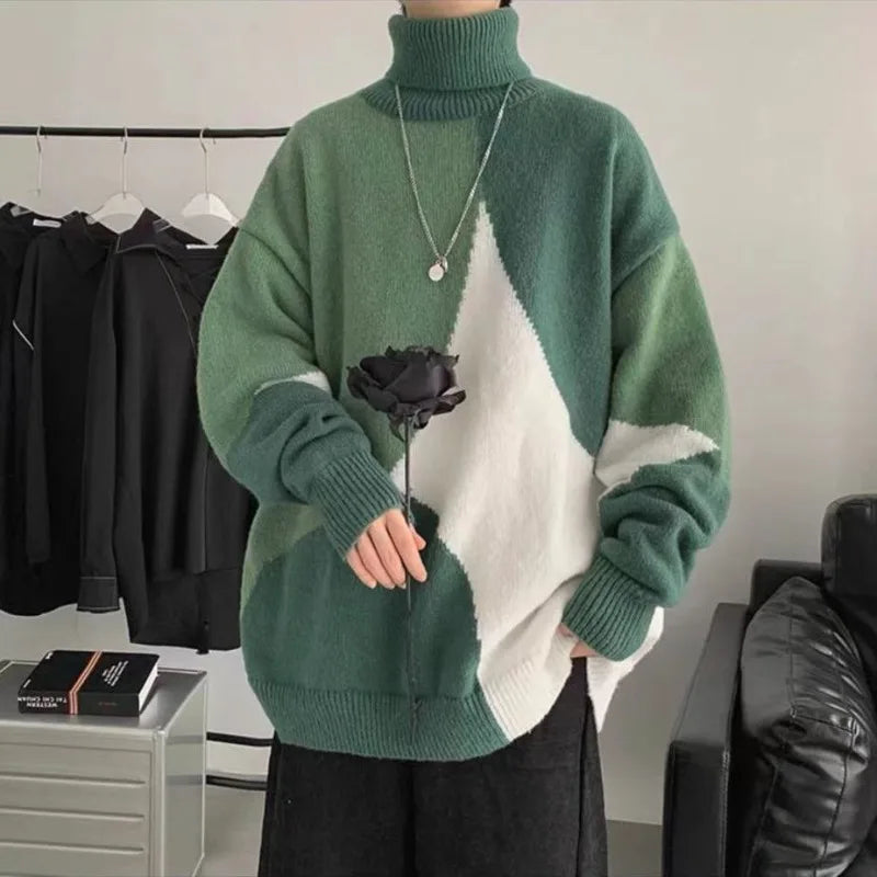 Knitted Turtleneck Warm Sweater Men Fashion Autumn Women Patchwork Streetwear Casual Pullovers All-match Loose Bottoming Sweater