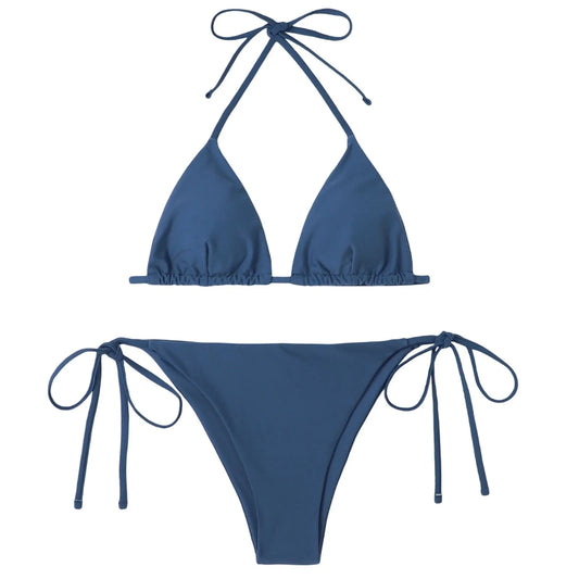 Swimwear Bikinis 2024 Woman Wimsuit Smog Blue Belt Chest Pad Without Steel Support Sexy Tie Split Backless Swimsuit