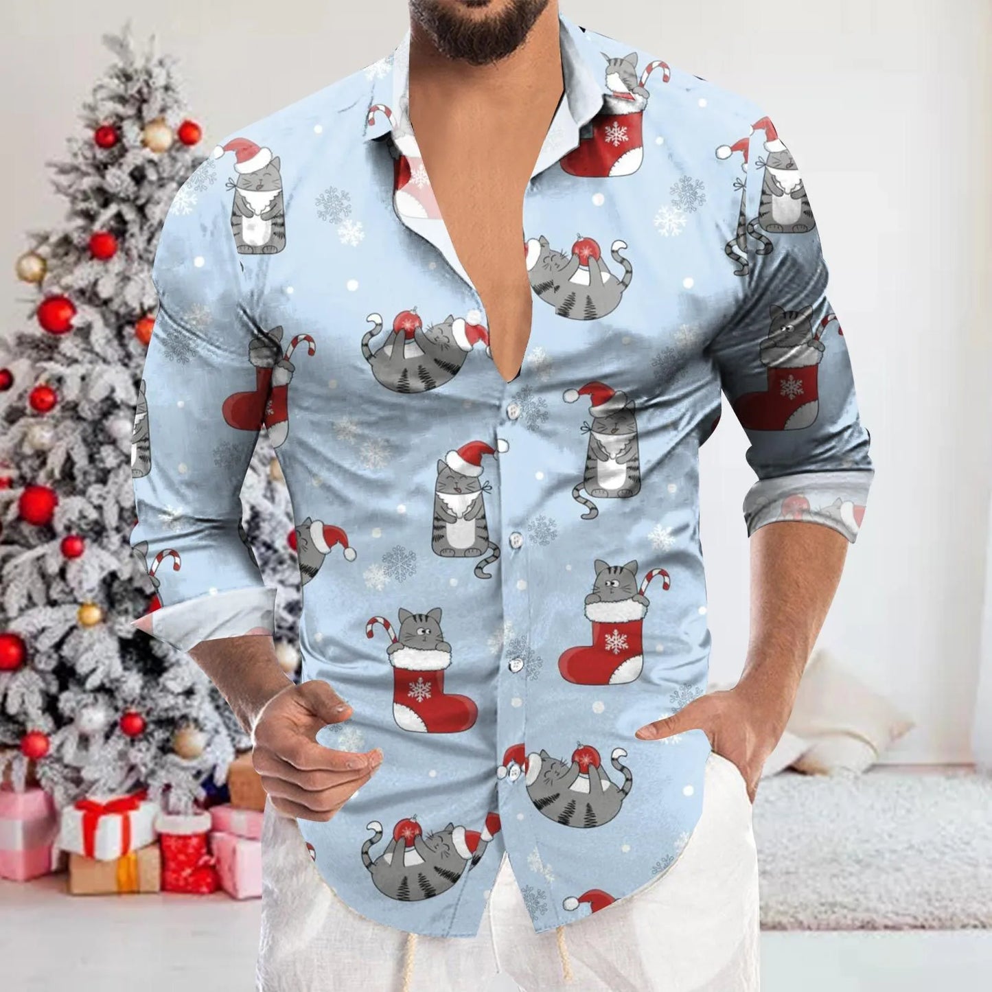 Men's Shirt Merry Christmas Print Long Sleeve Shirt For Men Vacation Party Luxury Y2k Hawaiian Smooth Clothes Streetwear Blouse