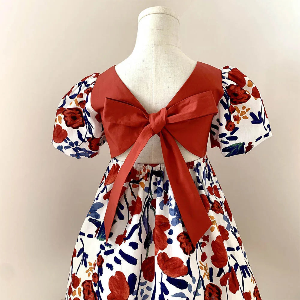 Bear Leader Girl Summer Dress Outfits 2023 New Girls Floral Princess Dress Backless Tie Bow Puff Sleeve Fashion Dress for 3-11 Y