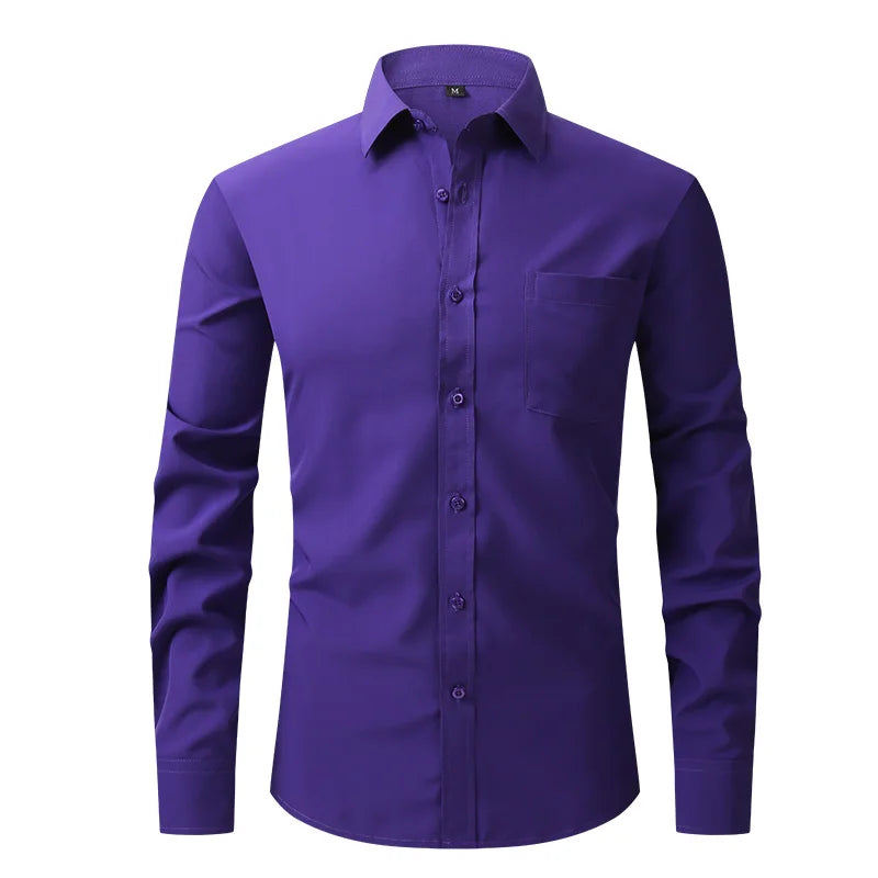 All Around Stretch Men's Shirt Business Casual Long-sleeved Shirt's Professional Formal Anti-wrinkle Solid Color Men's Clothing