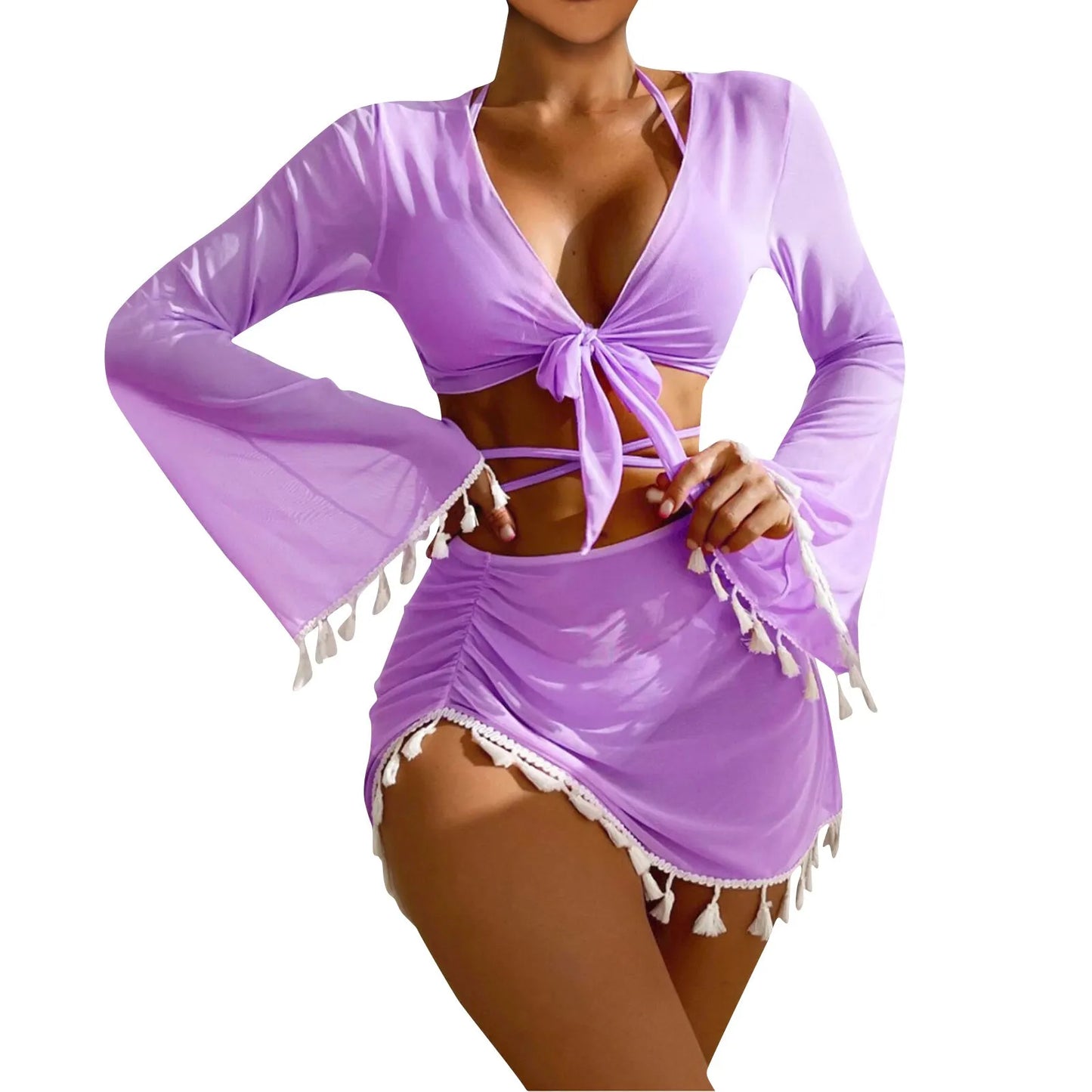 Solid Color Sexy Fashion Slim Fitting Beach Swimwear For Lady Split Lightweight Strap High Waist Pleated Cover-up Four-Piece Set