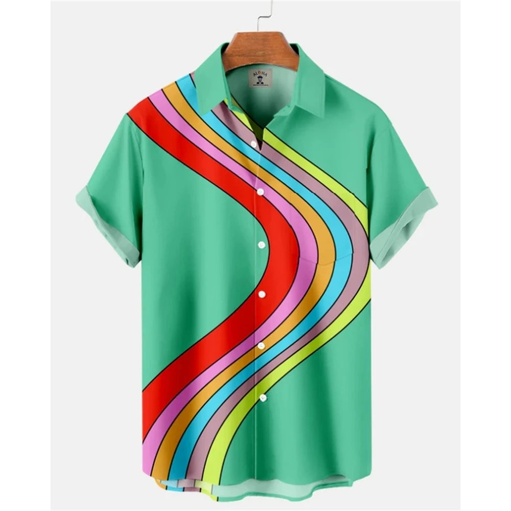 Summer Oversized Romantic Men'S Shirt Rainbow Pattern Fashion Short Sleeve Print Top Simple High Quality Street Loose Hawaiian