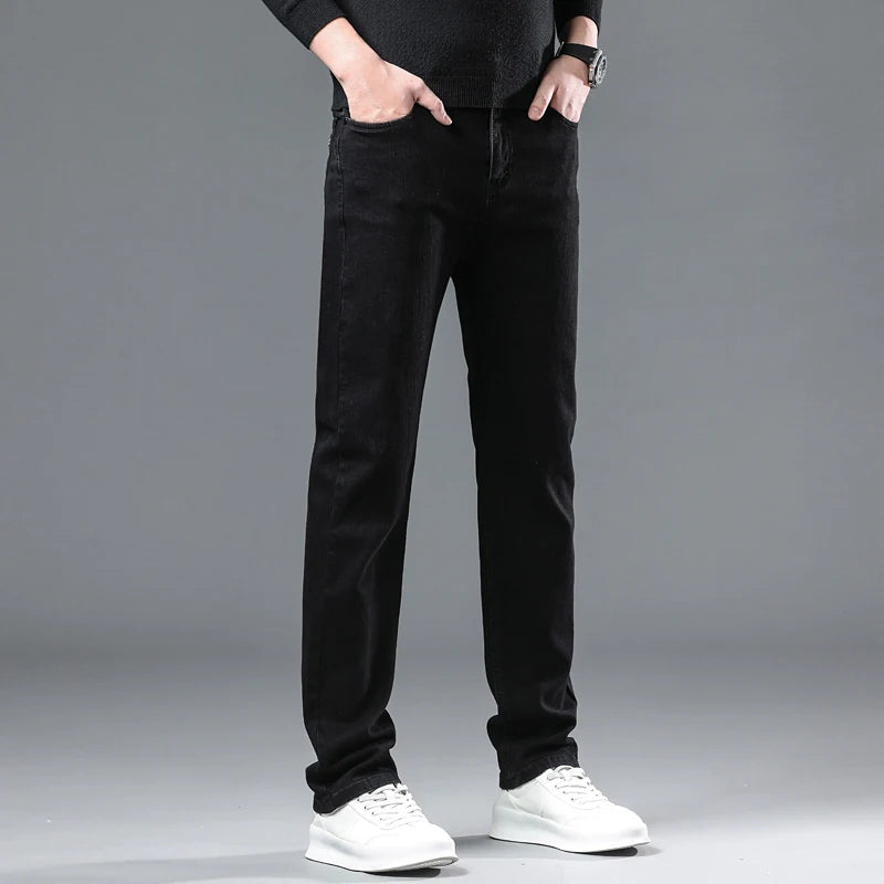 Men's Pure Black Jeans Version Trendy Straight Fit Pants Men's Comfortable  Elastic Classic Business Jeans brand Denim Trousers