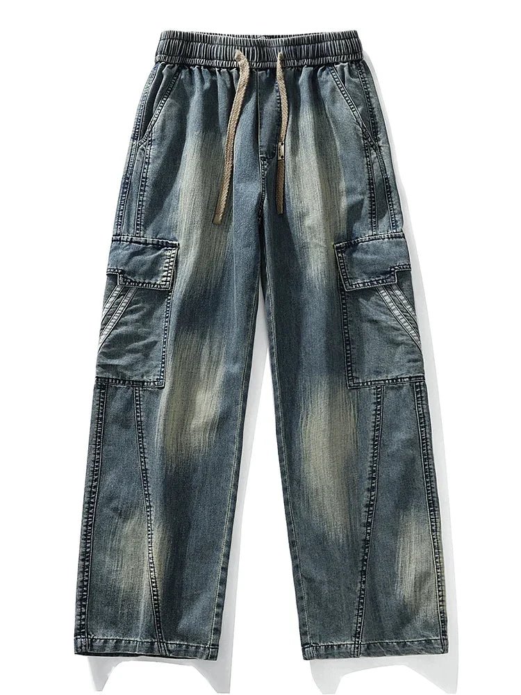 Summer men's jeans with flip pockets  thin and lightweight denim work pants  large size wide leg loose jeans  straight leg pants