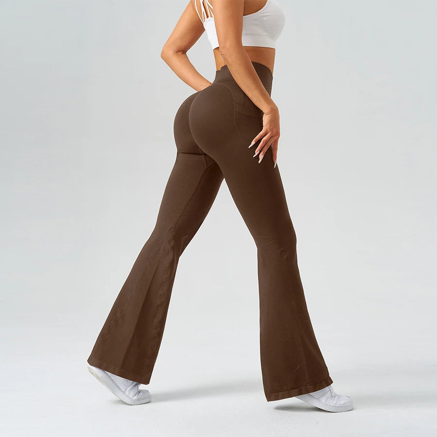 Flared Yoga Pants Women High Waist Bell Bottom Leggings Seamless Trousers w/Pockets Retro Gym Fitness Athleisure Wide Leg Pants