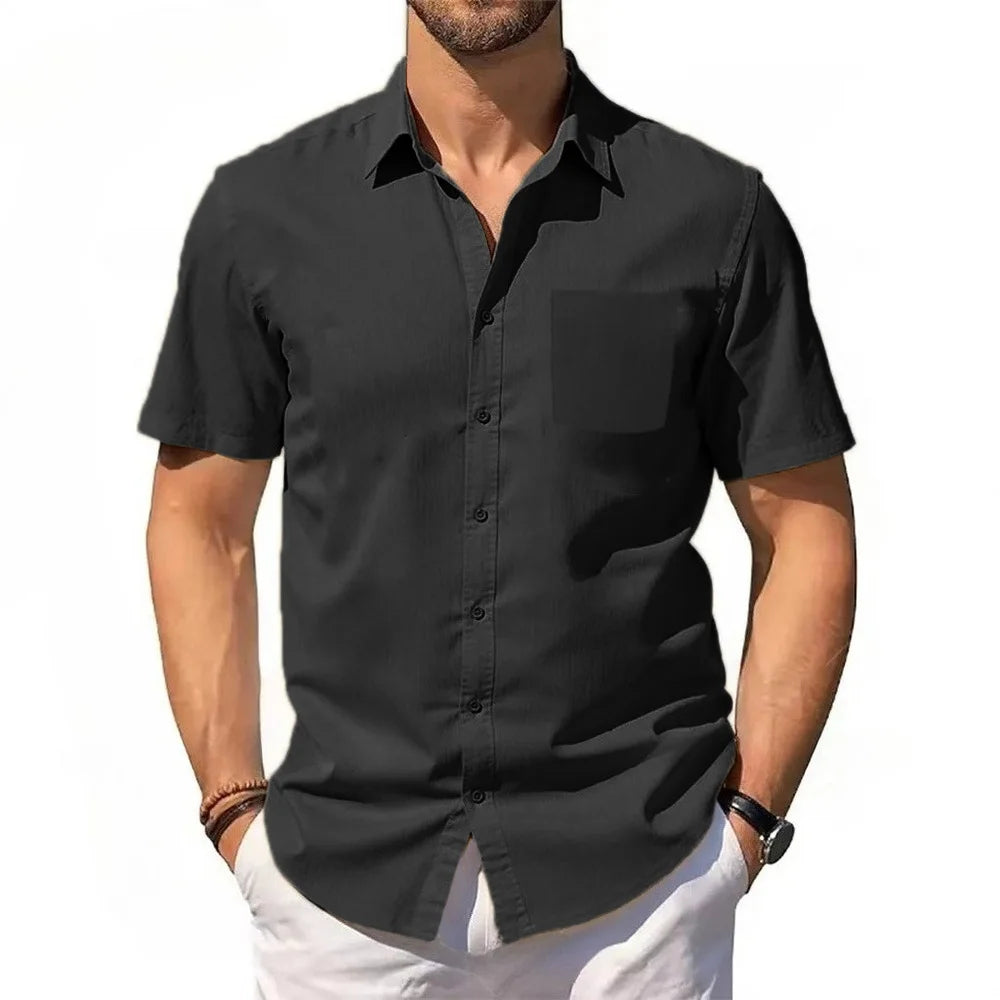 Mens Short Sleeve Shirt Summer New Cotton Linen T-shirt S Lightweight Breathable Beach Tops Turn Down Collar Casual Button Up