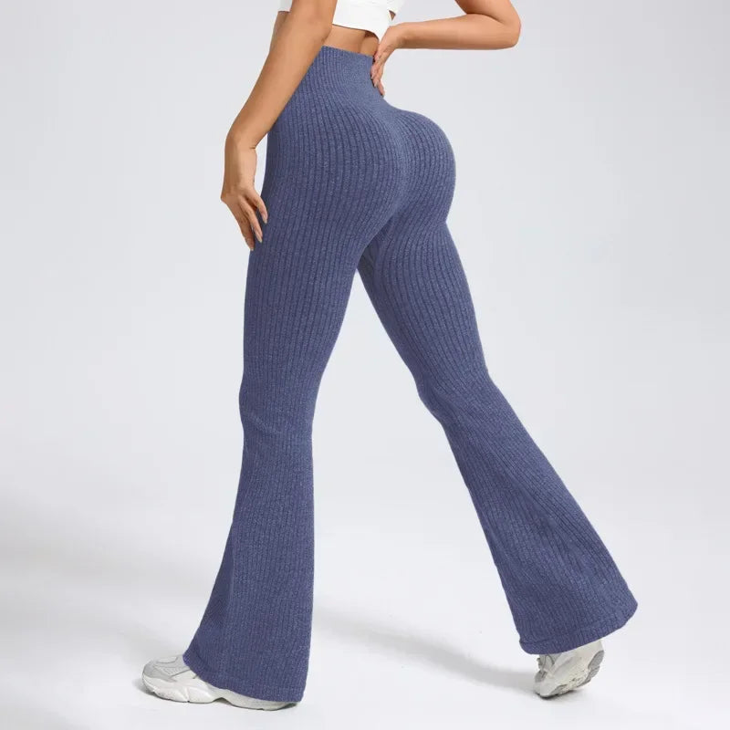 Seamless High Waist Yoga Flared Pants Textured Ribbed Design Tummy Control Fitness Workout Stretchy Bootcut Leggings Comfort