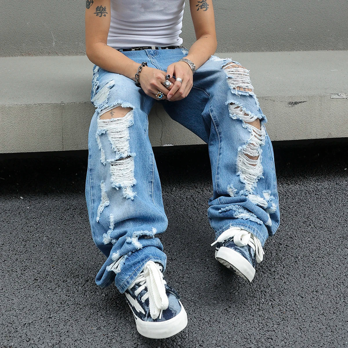 Men's Ripped Baggy Jeans Loose Fit Distressed Denim Pants Light Wash Y2K Streetwear Wide Leg Style