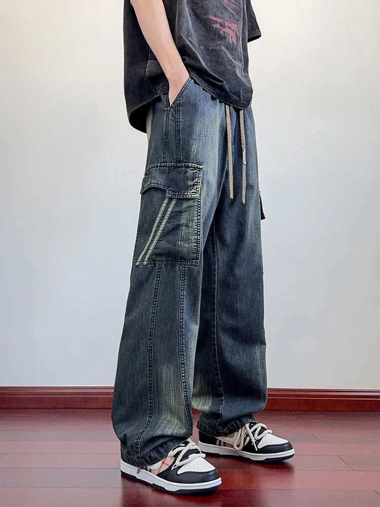 Summer men's jeans with flip pockets  thin and lightweight denim work pants  large size wide leg loose jeans  straight leg pants