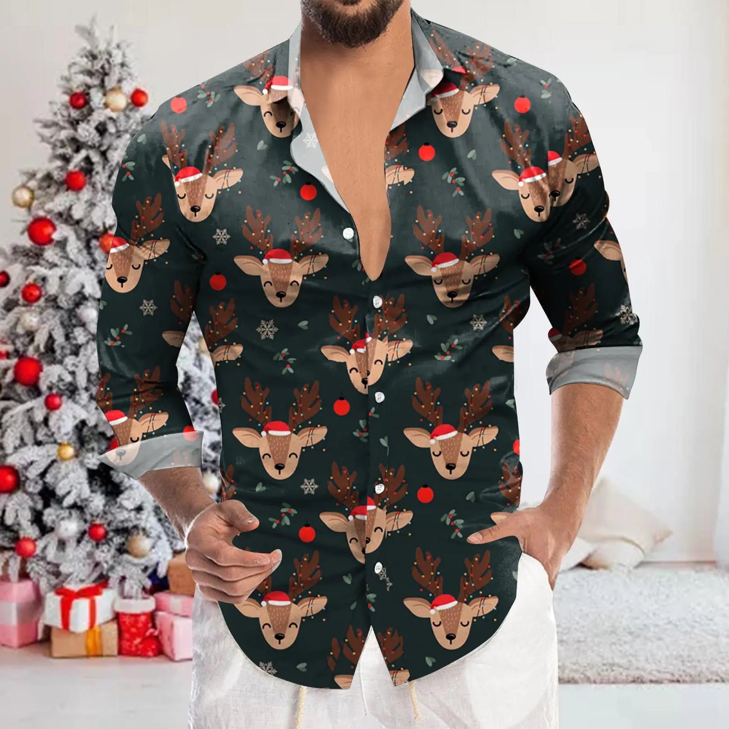 Men's Shirt Merry Christmas Print Long Sleeve Shirt For Men Vacation Party Luxury Y2k Hawaiian Smooth Clothes Streetwear Blouse