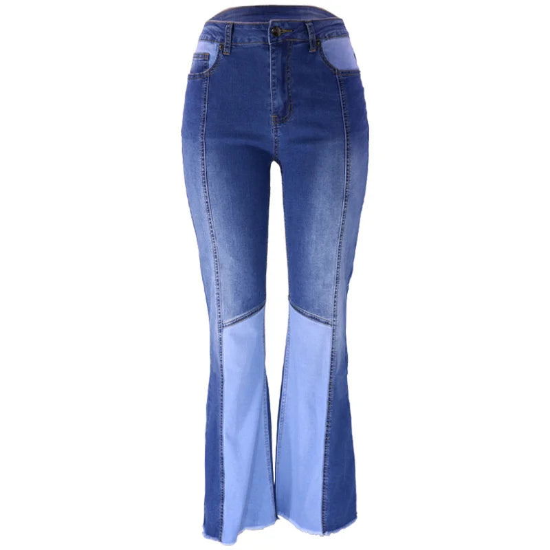 Fashion High Waist Washed Flared Jeans Women Casual Commuter Wide Leg Denim Pants Female Chic Colour Blocking Patchwork Trousers