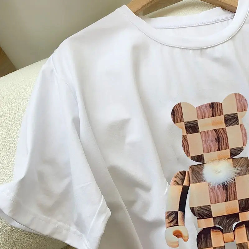 2 Piece Set for Women 2023 Summer Korean Fashion Bear Printed High Waist Wide Leg Pants Loose Short Sleeve T Shirt Women Clothes