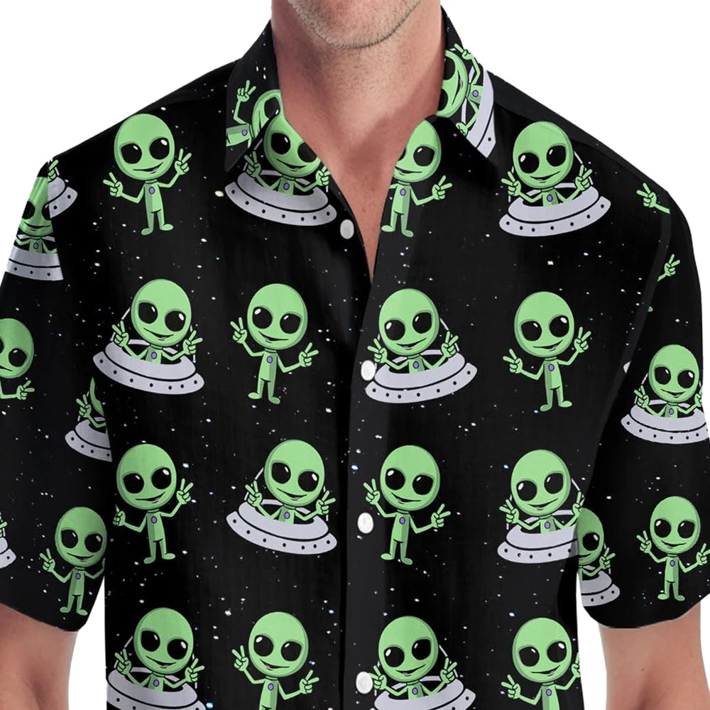 Funny Alien Graphic Shirts Oversized Men's Shirt 3d Printed Pattern Male Clothing Casual Lapel Tops Button Summer Apparel