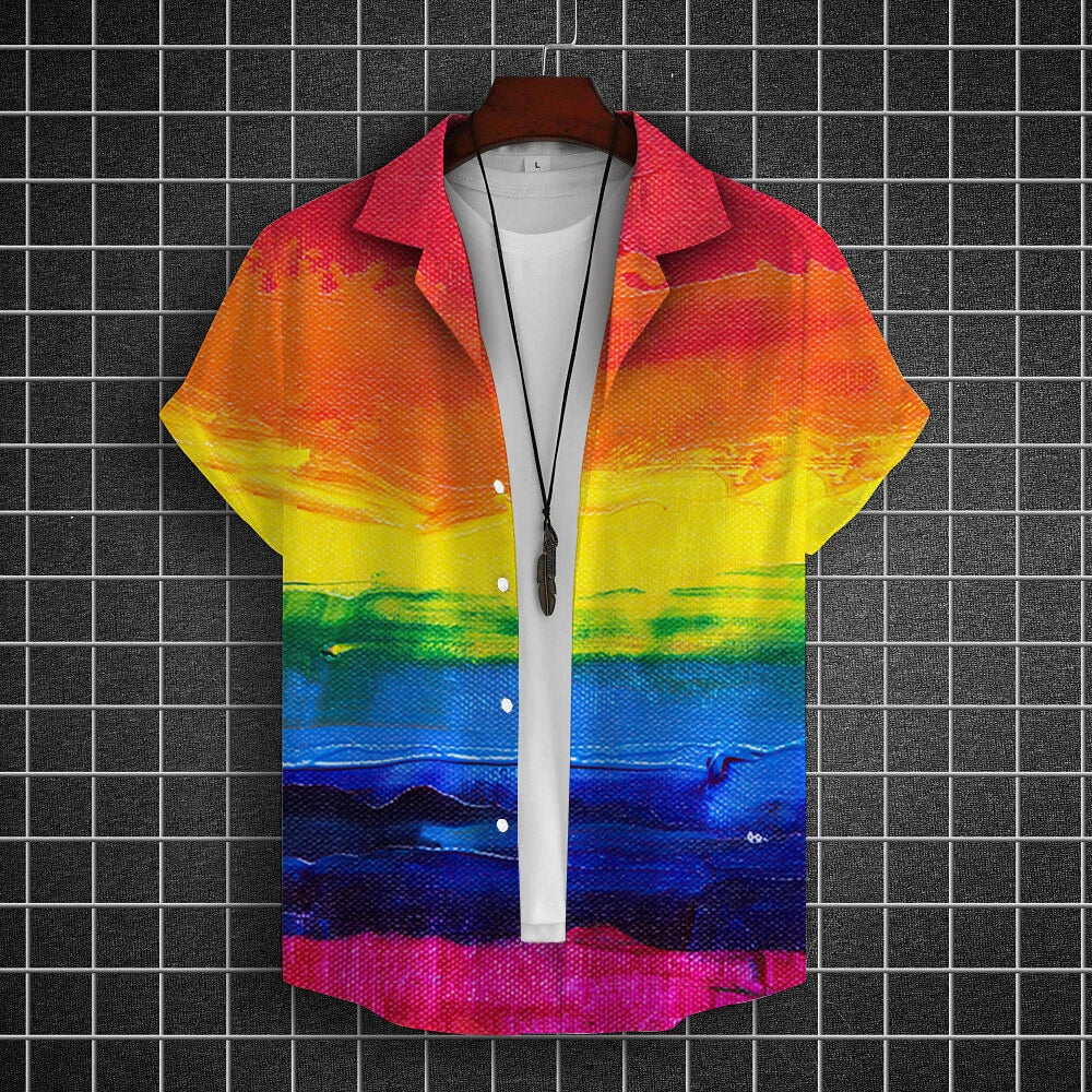 Summer Oversized Romantic Men'S Shirt Rainbow Pattern Fashion Short Sleeve Print Top Simple High Quality Street Loose Hawaiian