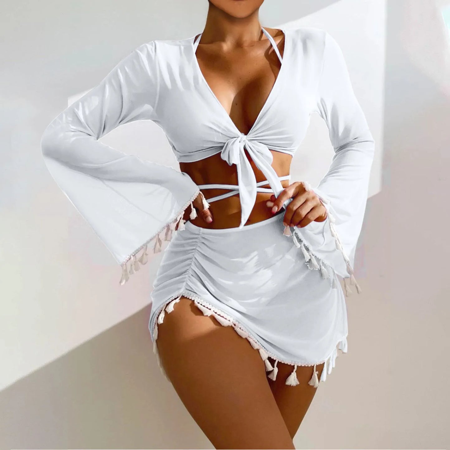 Solid Color Sexy Fashion Slim Fitting Beach Swimwear For Lady Split Lightweight Strap High Waist Pleated Cover-up Four-Piece Set