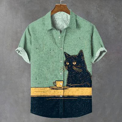 Summer Men's Shirt Animal Pattern Print Cat Shirts Casual Short Sleeve Streetwear Fashion Male Oversized Clothing Cardigan Top