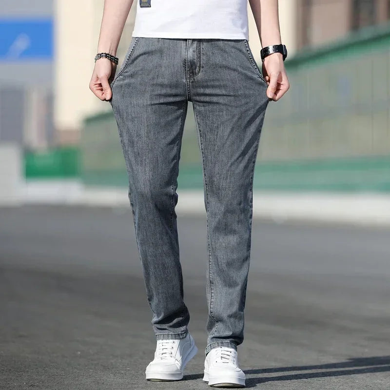 2025 Summer New Men's Loose Gray Jeans Fashion Casual Stretch Straight-leg Denim Pants Male Light Blue Men's Trousers