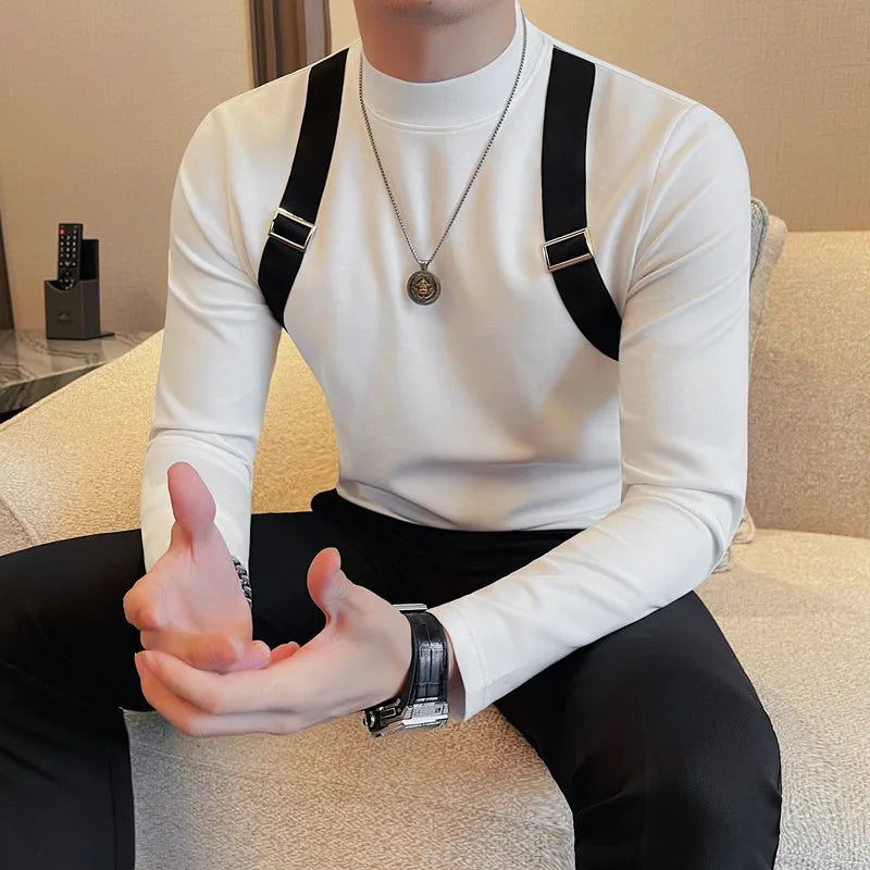 Fashion Strap Long-Sleeved T-shirt, Men's Autumn and Winter New Slim Fit Half Turtleneck Bottoming Shirt Fashion City Knitwear