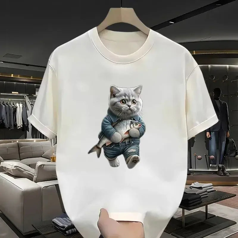 2024 New Super Cute Cat European and American Fashion Short sleeved Women's Essential Cartoon Print T-shirt Exquisite Gift