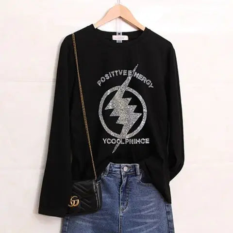 Glitter T Shirts for Women Korean Fashion Sequin Clothing Black Clothes Aesthetic Woman T-shirt  Rhinestone Streetwear Top Loose
