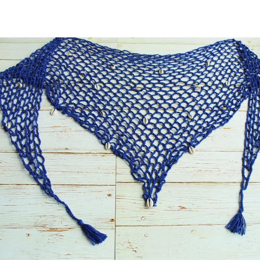 Fishnet Solid Color Shells Swimsuit Skirt Bikini Cover-Up Shawl Summer Beach Cover Up Women's Swimwear Triangle Wrap
