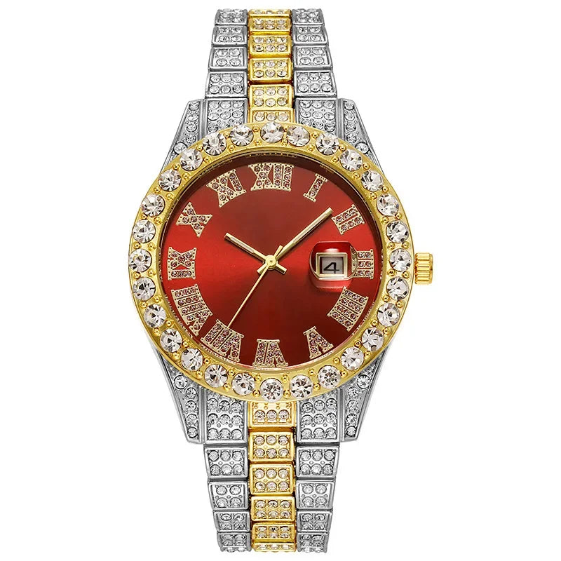 Hip Hop Watch for Men Iced Out Bling Full Diamond Luxury Quartz Watch Analog Roman Calendar Watch for Men Women