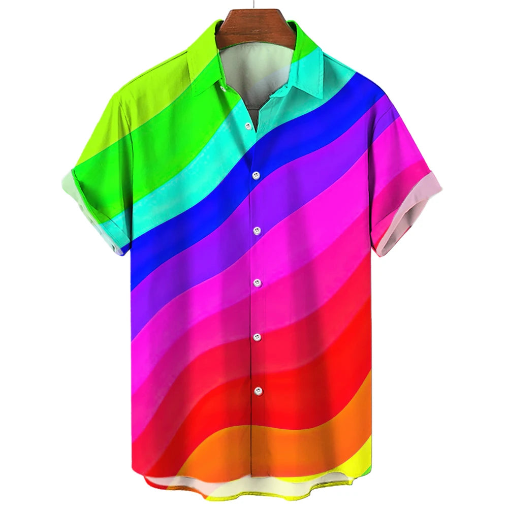 Summer Oversized Romantic Men'S Shirt Rainbow Pattern Fashion Short Sleeve Print Top Simple High Quality Street Loose Hawaiian