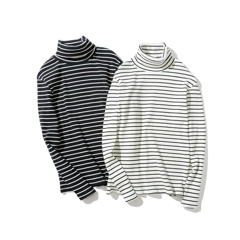 Spring Men's Retro Striped Turtleneck T-shirts Long Sleeve Loose Pullover T-shirt Base Tee Tops Man Clothing