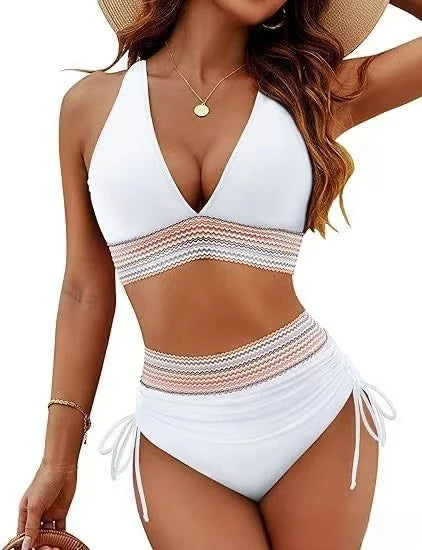 New Fashion Bikini Gathered High-waisted V-neck Strappy Multi-color Bikini Separates Swimsuit Micro Bikini Bathing Suit Women