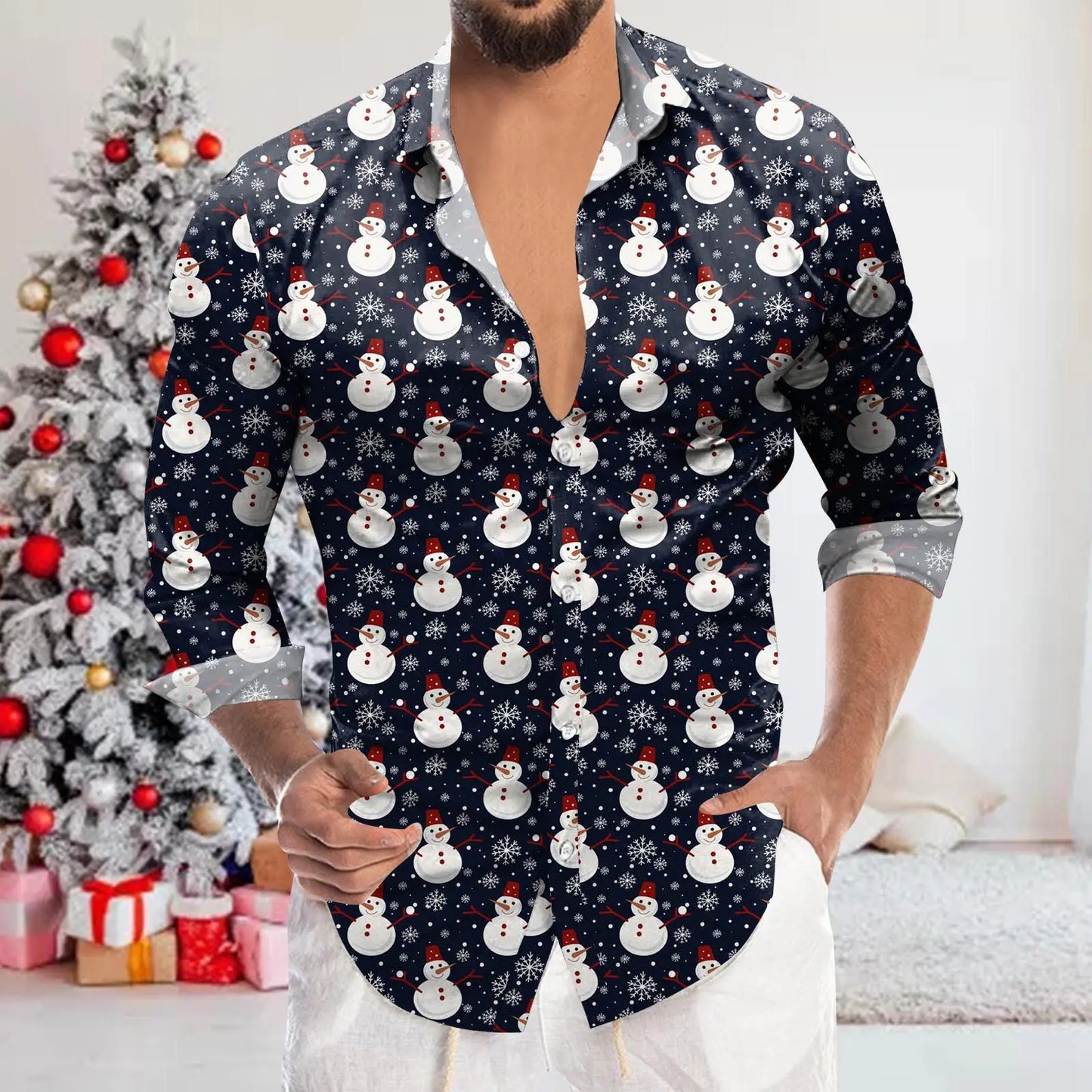Men's Shirt Merry Christmas Print Long Sleeve Shirt For Men Vacation Party Luxury Y2k Hawaiian Smooth Clothes Streetwear Blouse