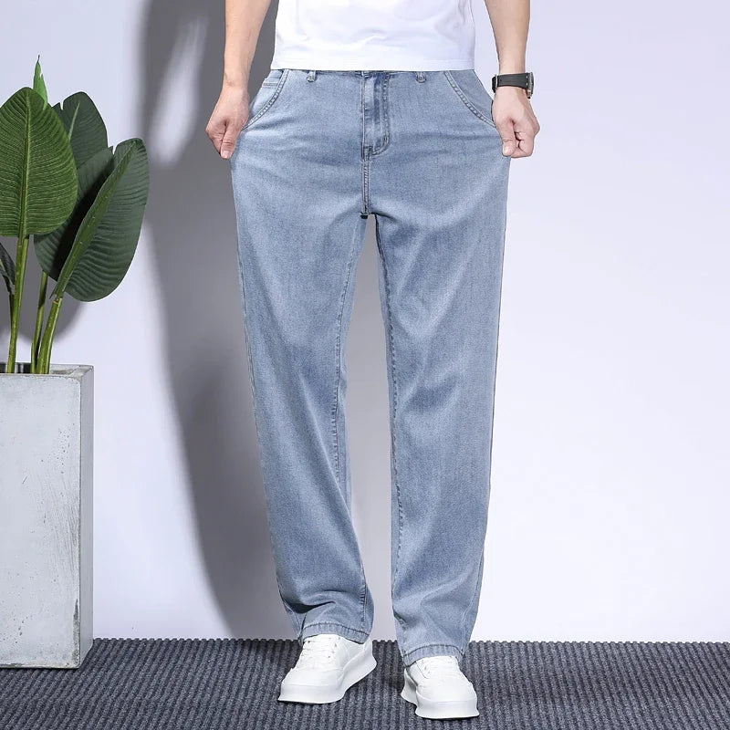 Soft Men's Lyocell Baggy Jeans Thin Summer Breathable Straight Pants Vintage Business Casual Fashion Korea Male Denim Trousers