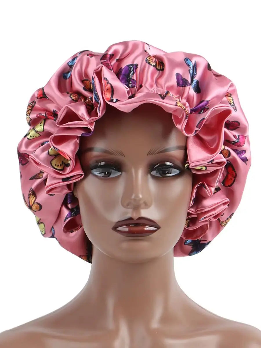 Pink Butterfly Double Layer Adjustable Satin Bonnet Cap Hair Protect Virgin Sleep Bonnet for Women And Girls