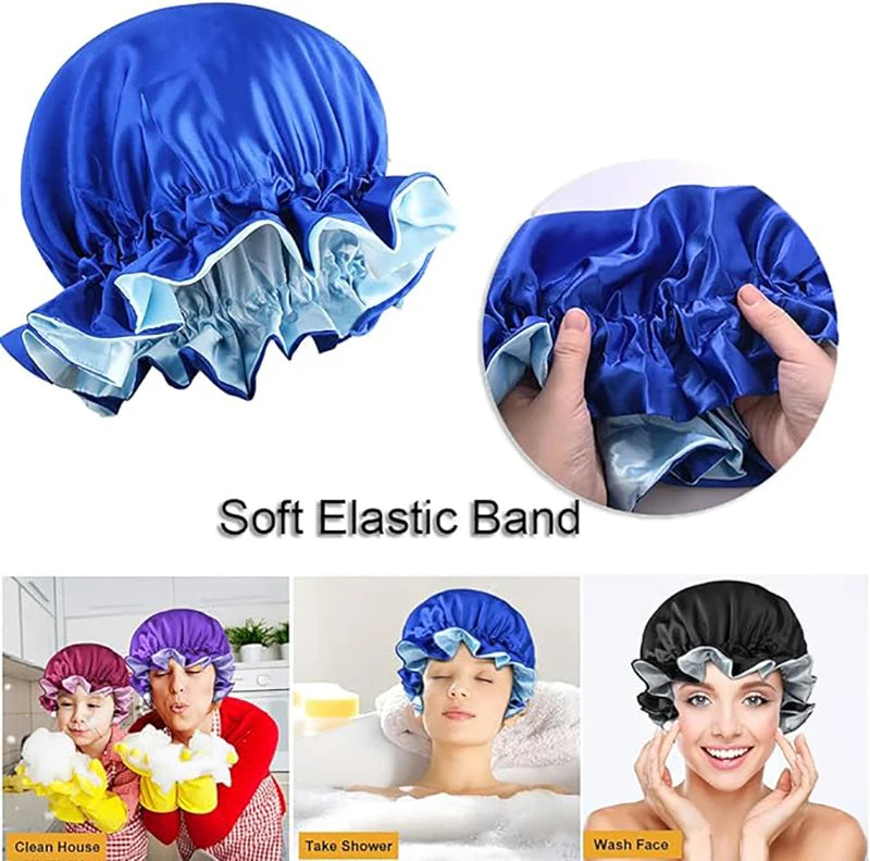 New Solid Elastic Double Layer Satin Bonnet Nightcap Doubleside Women Shower Bath Caps Night Sleep Hair Protection Hat