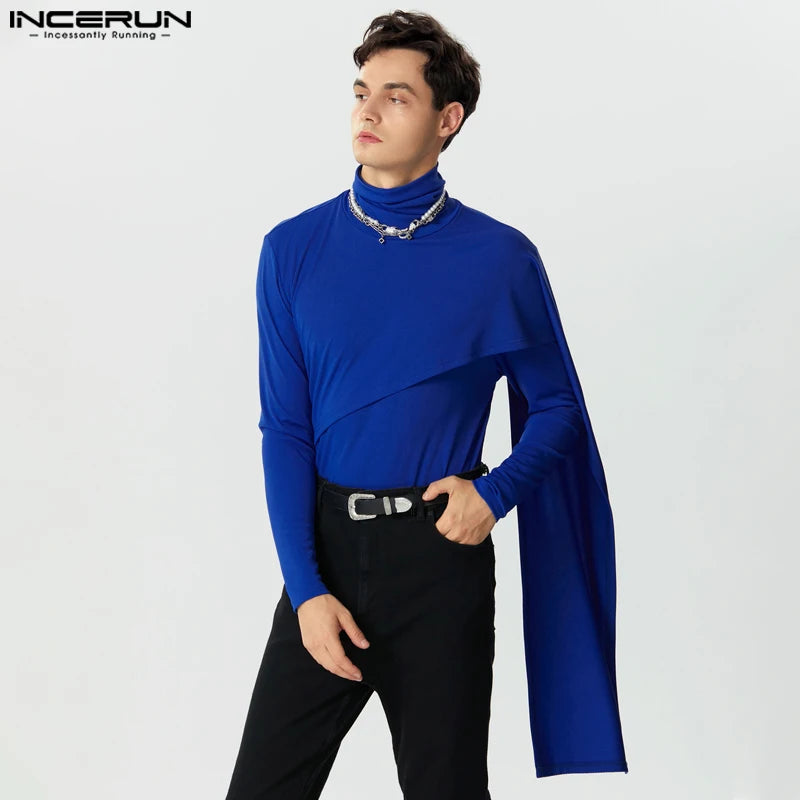 INCERUN Men Irregular Pullovers Solid Color Turtleneck Long Sleeve Knitted Casual Sweaters Streetwear Autumn 2023 Men Clothing