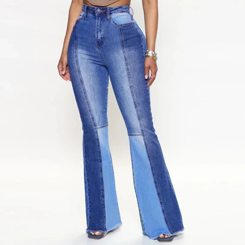 Fashion High Waist Washed Flared Jeans Women Casual Commuter Wide Leg Denim Pants Female Chic Colour Blocking Patchwork Trousers