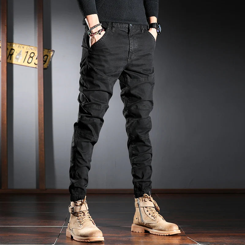 Streetwear Fashion Men Jeans Elastic Stretch Slim Fit Spliced Designer Casual Cargo Pants Hombre Hip Hop Joggers Men Overalls