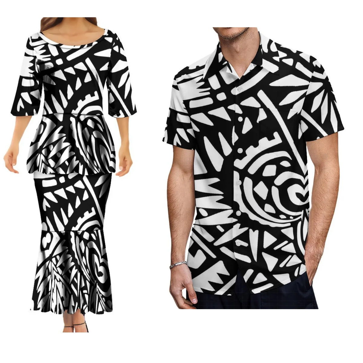 Polynesian Tribes Print Family Matching Clothing Couple Clothing Samoan Dress Puletasi Suit And Plus-Size Men'S Shirt