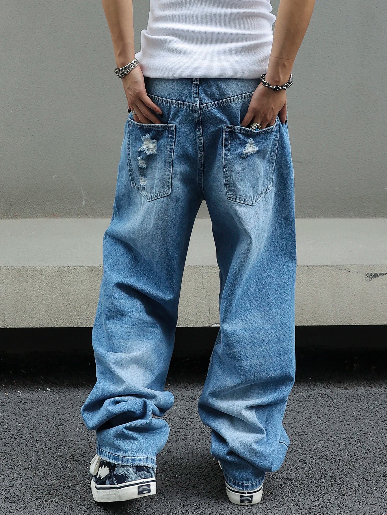 Men's Ripped Baggy Jeans Loose Fit Distressed Denim Pants Light Wash Y2K Streetwear Wide Leg Style